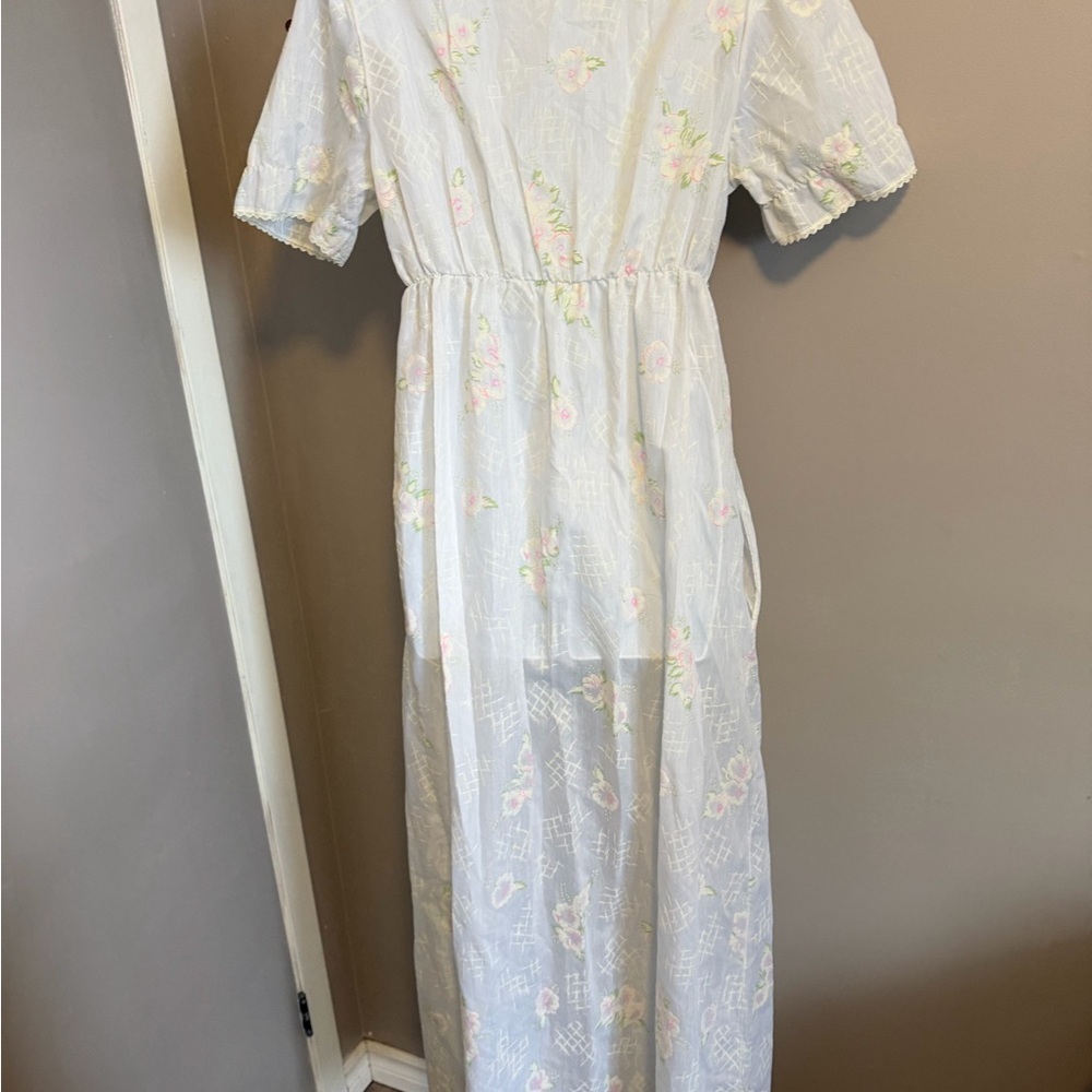 Vintage Floral Lace Trim Empire Waist Maxi Nightgown White prairie Cottagecore M - Picture 7 of 7